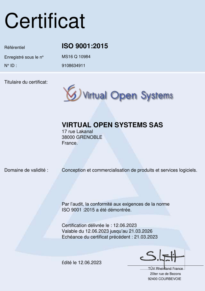 Système de Management Qualité de Virtual Open Systems - certification ISO 9001:2015